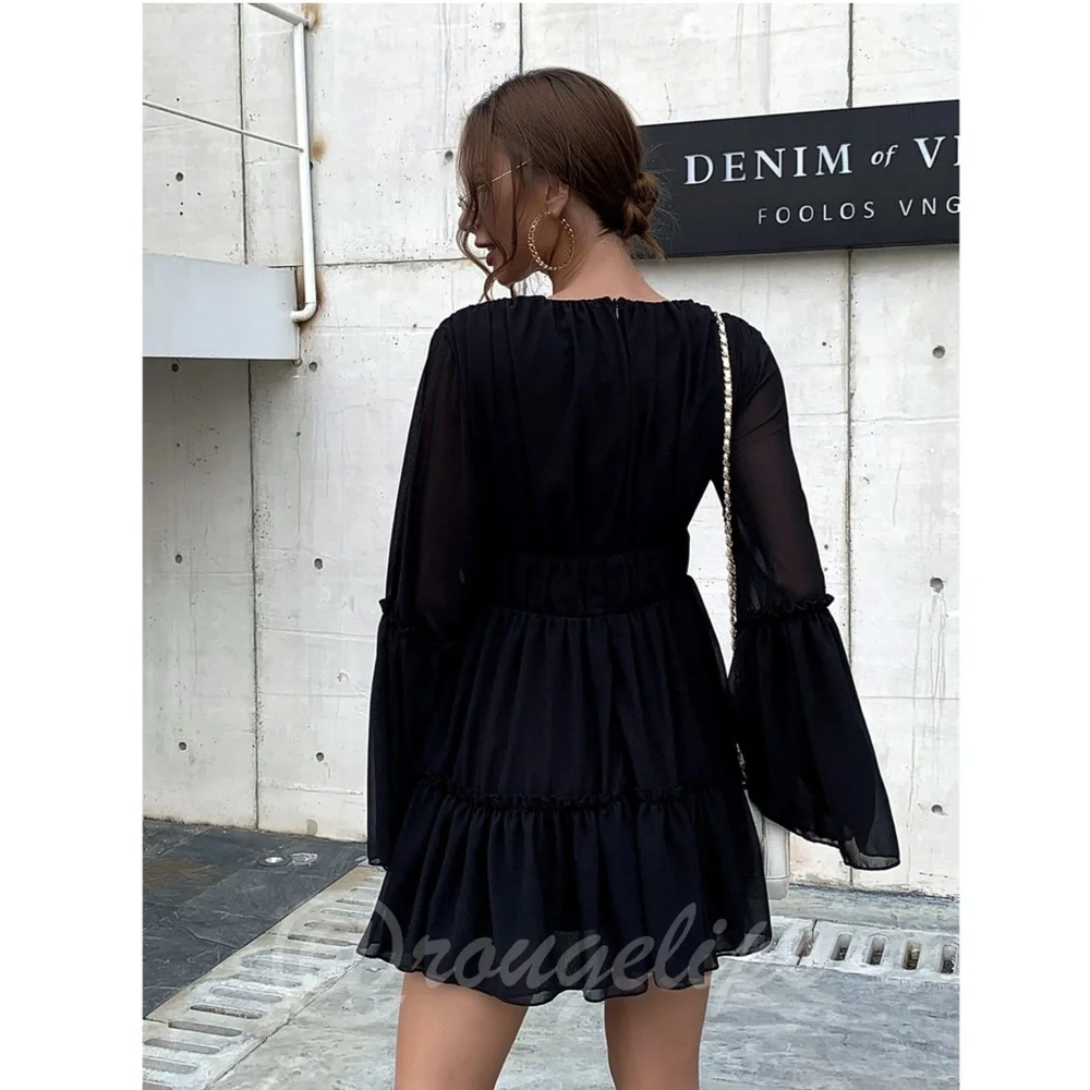 Black Boho Mini Dress Flounce Sleeves Deep V Neck - Picture 12 of 13